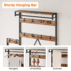 Rustic brown industrial hall tree with storage bench, wooden shoe rack - House of Avana