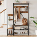 Rustic brown industrial hall tree with storage bench, wooden shoe rack - House of Avana