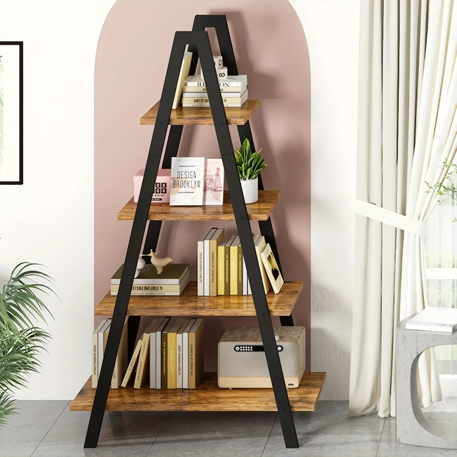 LAMERGE 4-storey A-shaped Bookshelf, Metal Frame Bookshelf, Standing Bedroom Ladder, Open Display Shelf, Indoor Plant Shelf, M Living Room, Office, Small Space Home Furniture Bookshelf House Of Avana