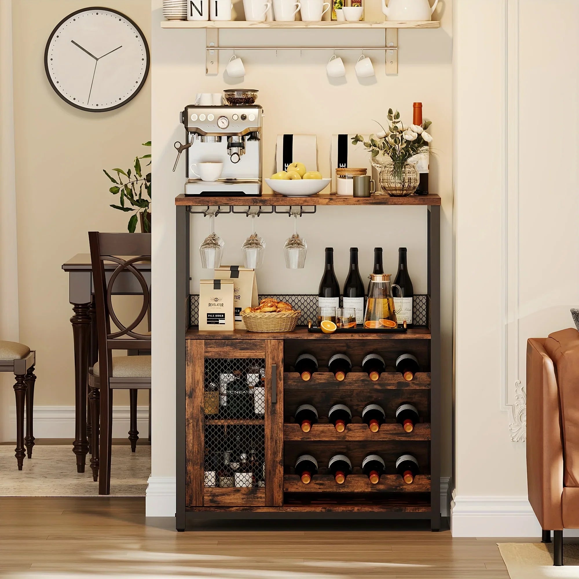 [Industrial Wine Bar Cabinet] 3-Tier Industrial Wine Bar Cabinet with Detachable 12-Bottle Rack | Adjustable Glass Holder, Mesh Door Storage, Metal Sideboard Buffet Cabinet with Shelves, Drawer - Easy Assembly for Home Bar, K House Of Avana