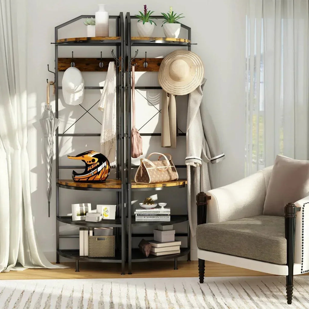Industrial Metal/Wood Corner Hall Tree Shoe Storage Bench Coat Rack