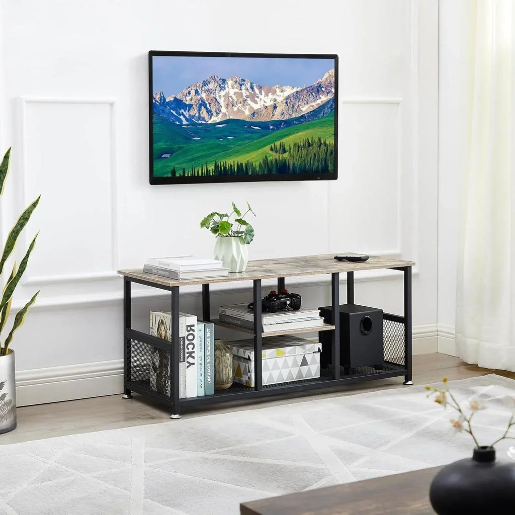 Industrial Modern Black Metal Grey Wood TV Stand with Media Storage Shelf
