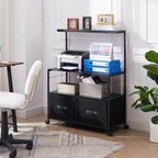Industrial Modern Black Metal Wood Printer Stand File Cabinet w/ Fabric Drawers
