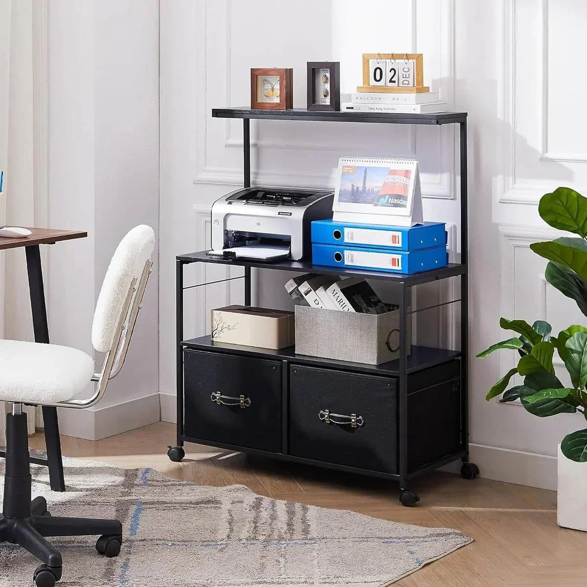 Industrial Modern Black Metal Wood Printer Stand File Cabinet w/ Fabric Drawers