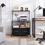 Industrial Modern Black Metal Wood Printer Stand File Cabinet w/ Fabric Drawers