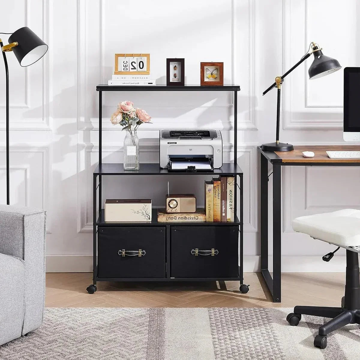 Industrial Modern Black Metal Wood Printer Stand File Cabinet w/ Fabric Drawers