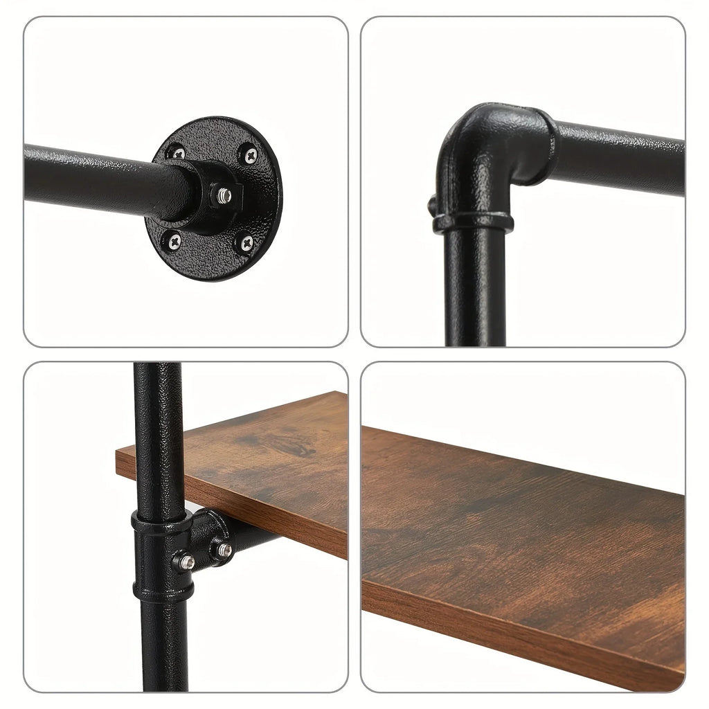 Rustic metal and wood 4-tier shelf, wall-mounted industrial pipe design - House of Avana