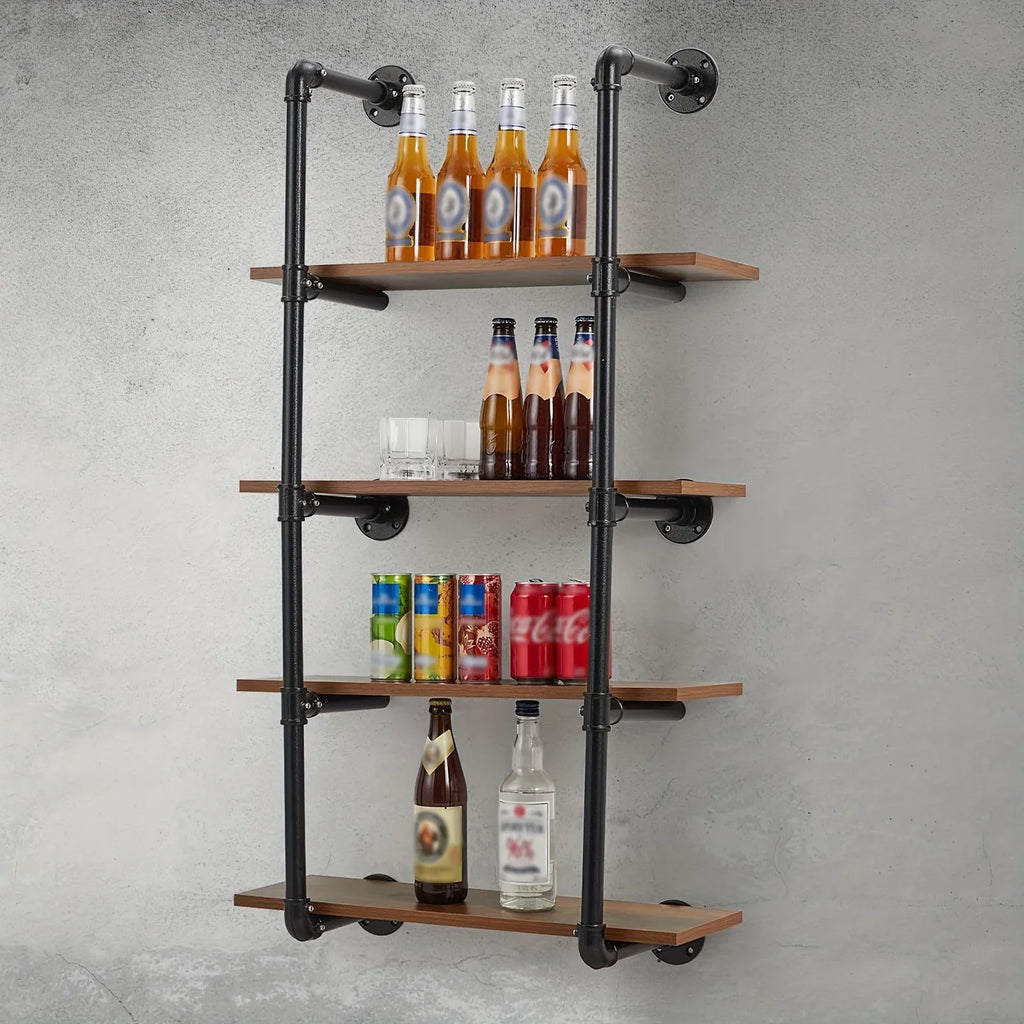 Rustic metal and wood 4-tier shelf, wall-mounted industrial pipe design - House of Avana