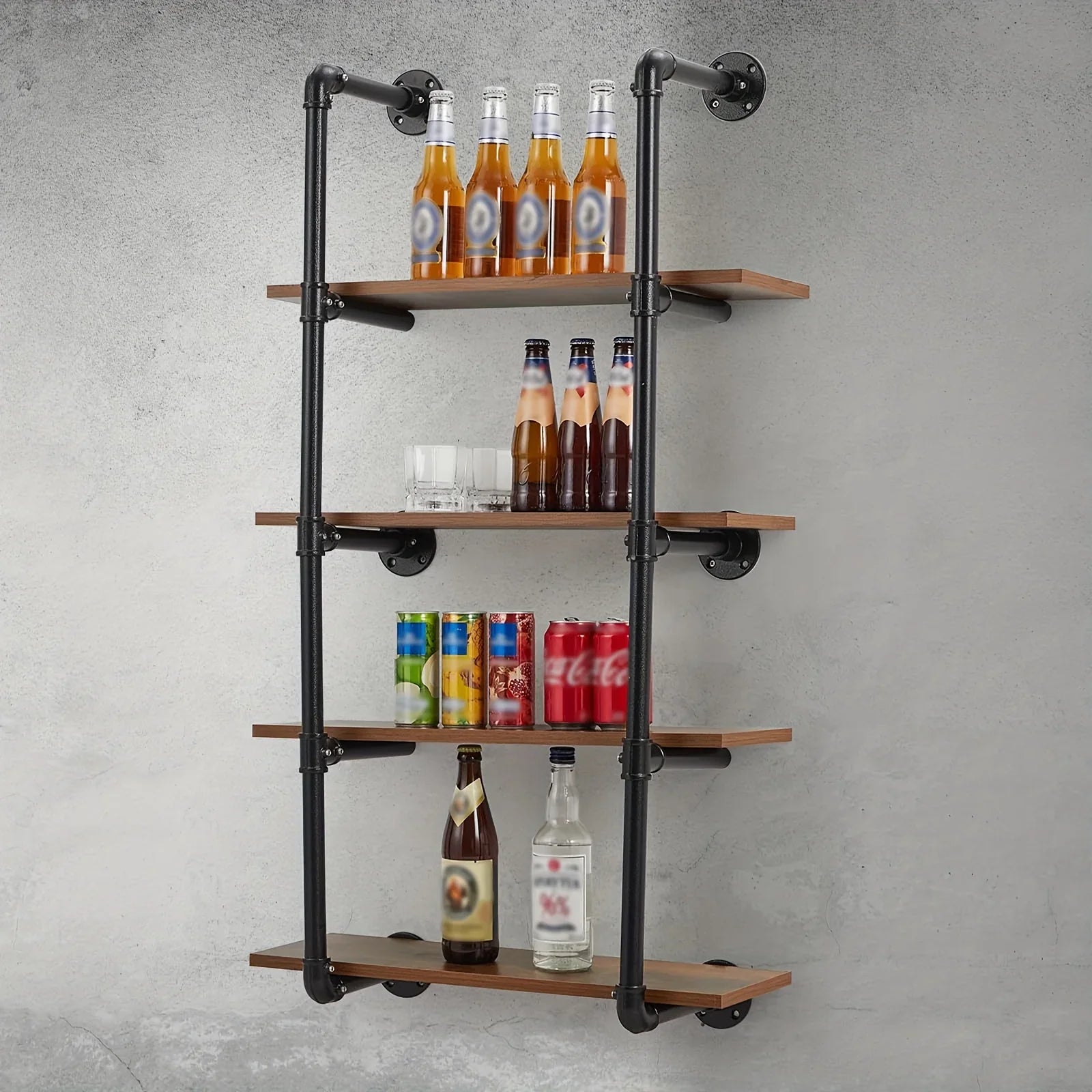 Rustic metal and wood 4-tier shelf, wall-mounted industrial pipe design - House of Avana