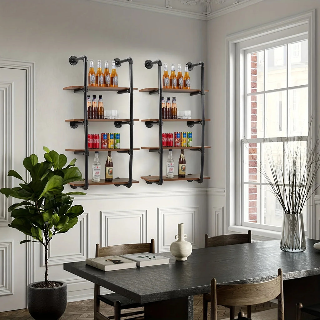 Rustic metal and wood 4-tier shelf, wall-mounted industrial pipe design - House of Avana