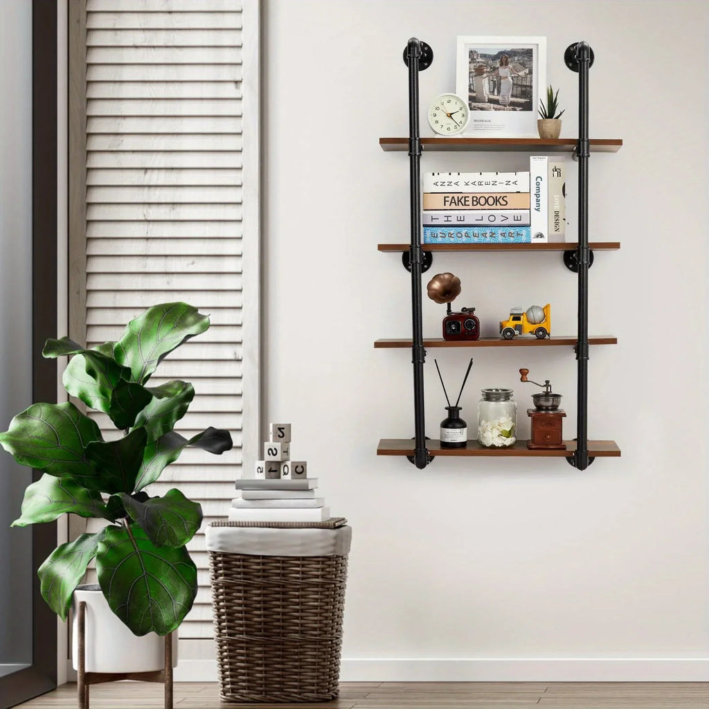 Rustic metal and wood 4-tier shelf, wall-mounted industrial pipe design - House of Avana