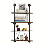 Rustic metal and wood 4-tier shelf, wall-mounted industrial pipe design - House of Avana