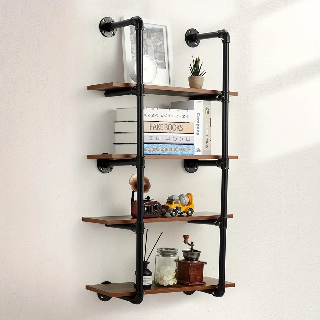 Rustic metal and wood 4-tier shelf, wall-mounted industrial pipe design - House of Avana