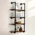 Rustic metal and wood 4-tier shelf, wall-mounted industrial pipe design - House of Avana