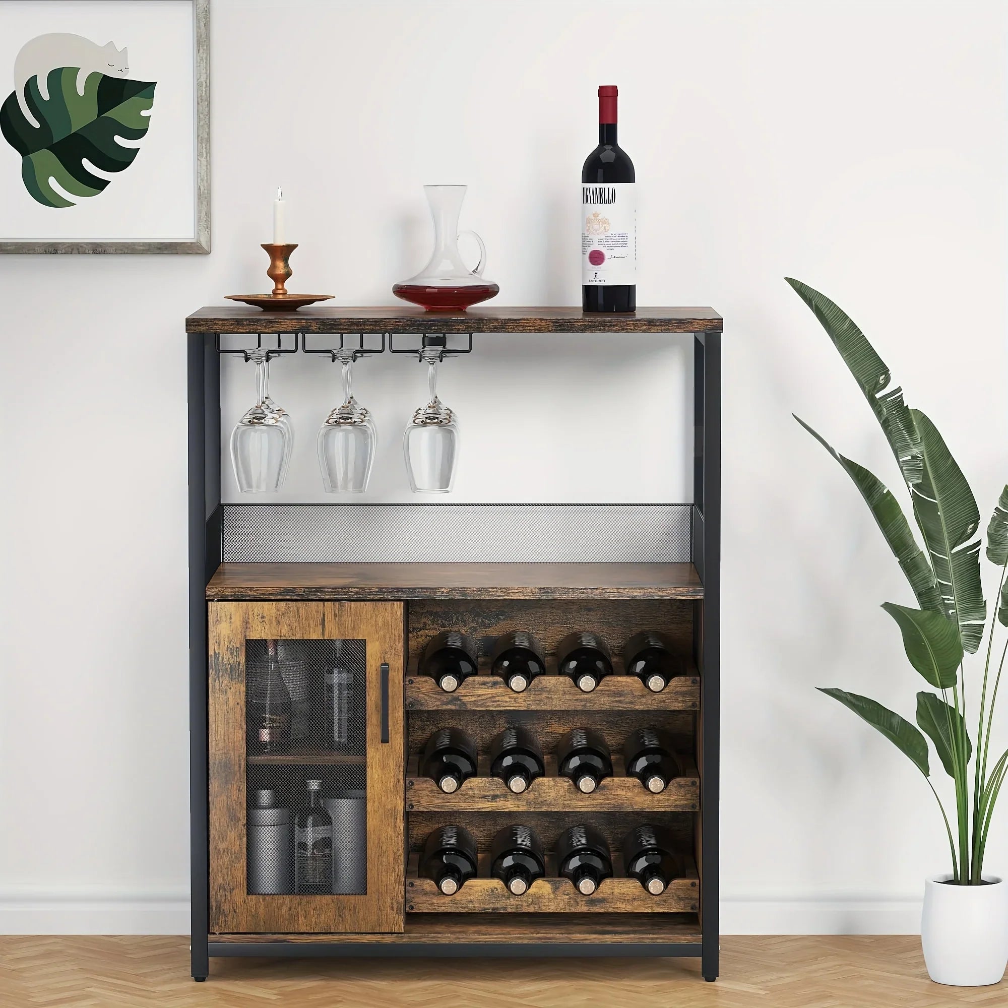[Industrial Wine Bar Cabinet] 3-Tier Industrial Wine Bar Cabinet with Detachable 12-Bottle Rack | Adjustable Glass Holder, Mesh Door Storage, Metal Sideboard Buffet Cabinet with Shelves, Drawer - Easy Assembly for Home Bar, K House Of Avana