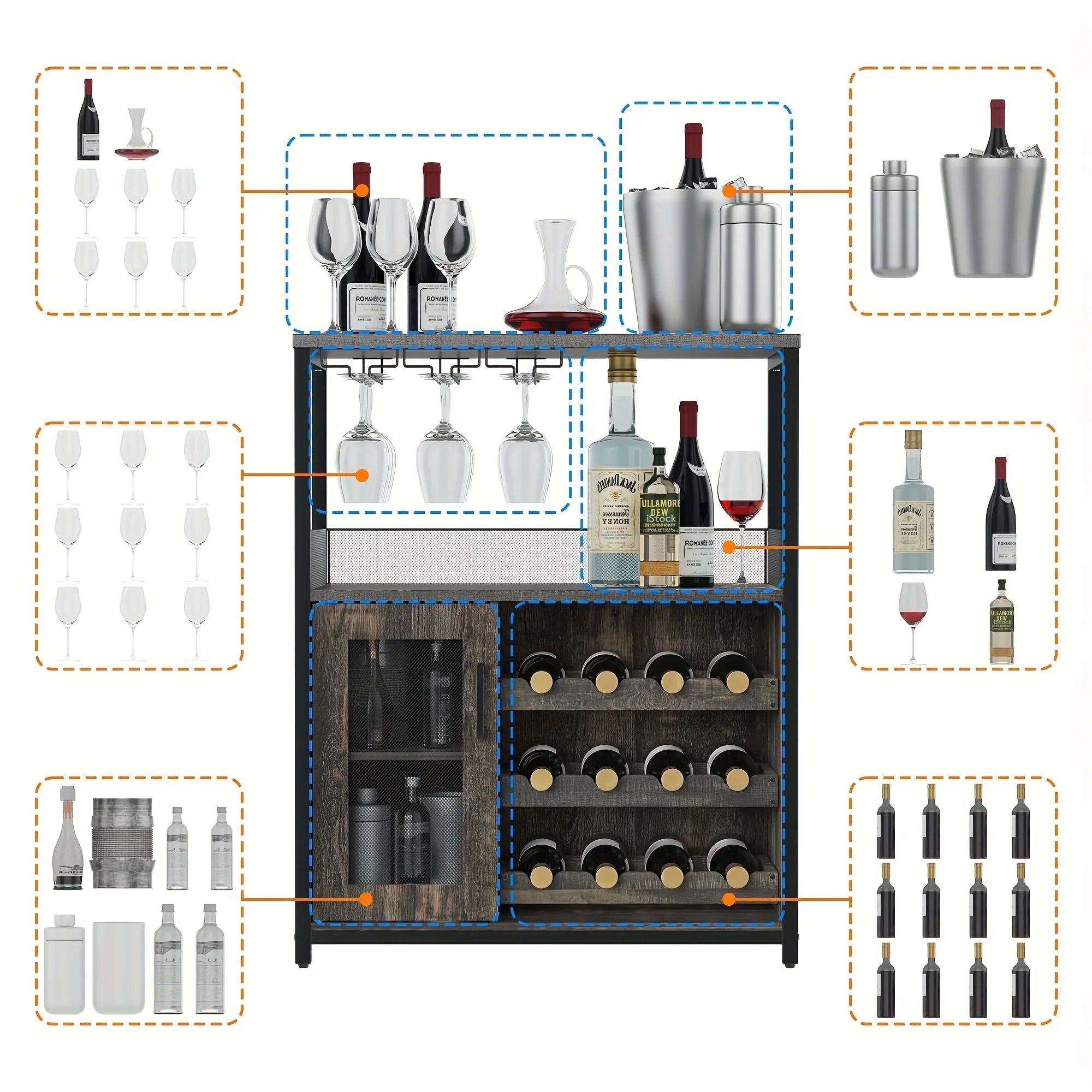 [Industrial Wine Bar Cabinet] 3-Tier Industrial Wine Bar Cabinet with Detachable 12-Bottle Rack | Adjustable Glass Holder, Mesh Door Storage, Metal Sideboard Buffet Cabinet with Shelves, Drawer - Easy Assembly for Home Bar, K House Of Avana