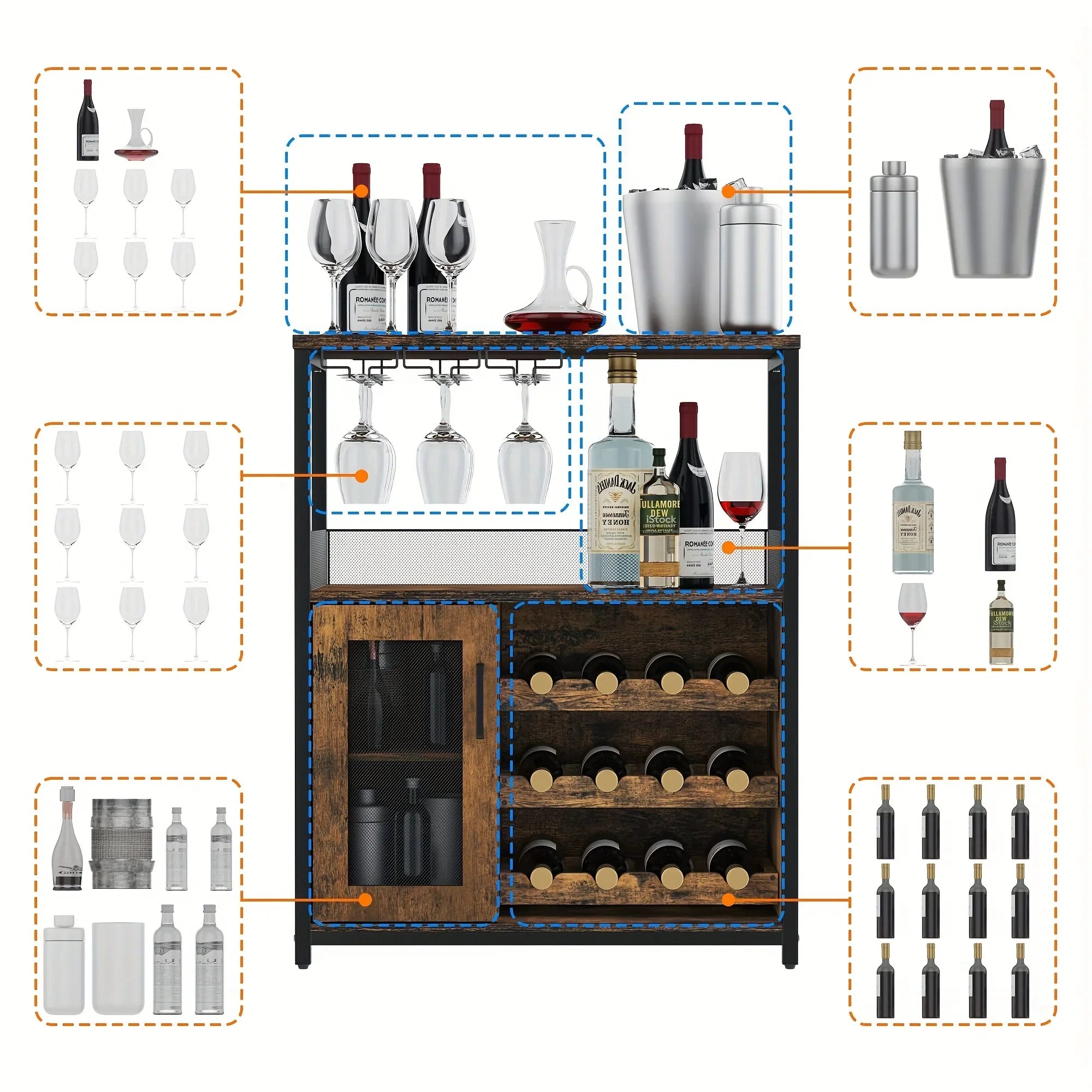 [Industrial Wine Bar Cabinet] 3-Tier Industrial Wine Bar Cabinet with Detachable 12-Bottle Rack | Adjustable Glass Holder, Mesh Door Storage, Metal Sideboard Buffet Cabinet with Shelves, Drawer - Easy Assembly for Home Bar, K House Of Avana