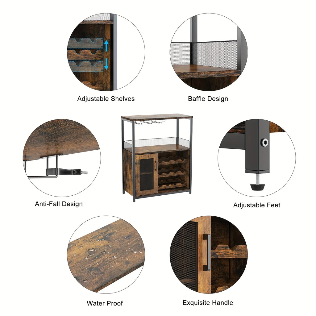 [Industrial Wine Bar Cabinet] 3-Tier Industrial Wine Bar Cabinet with Detachable 12-Bottle Rack | Adjustable Glass Holder, Mesh Door Storage, Metal Sideboard Buffet Cabinet with Shelves, Drawer - Easy Assembly for Home Bar, K House Of Avana
