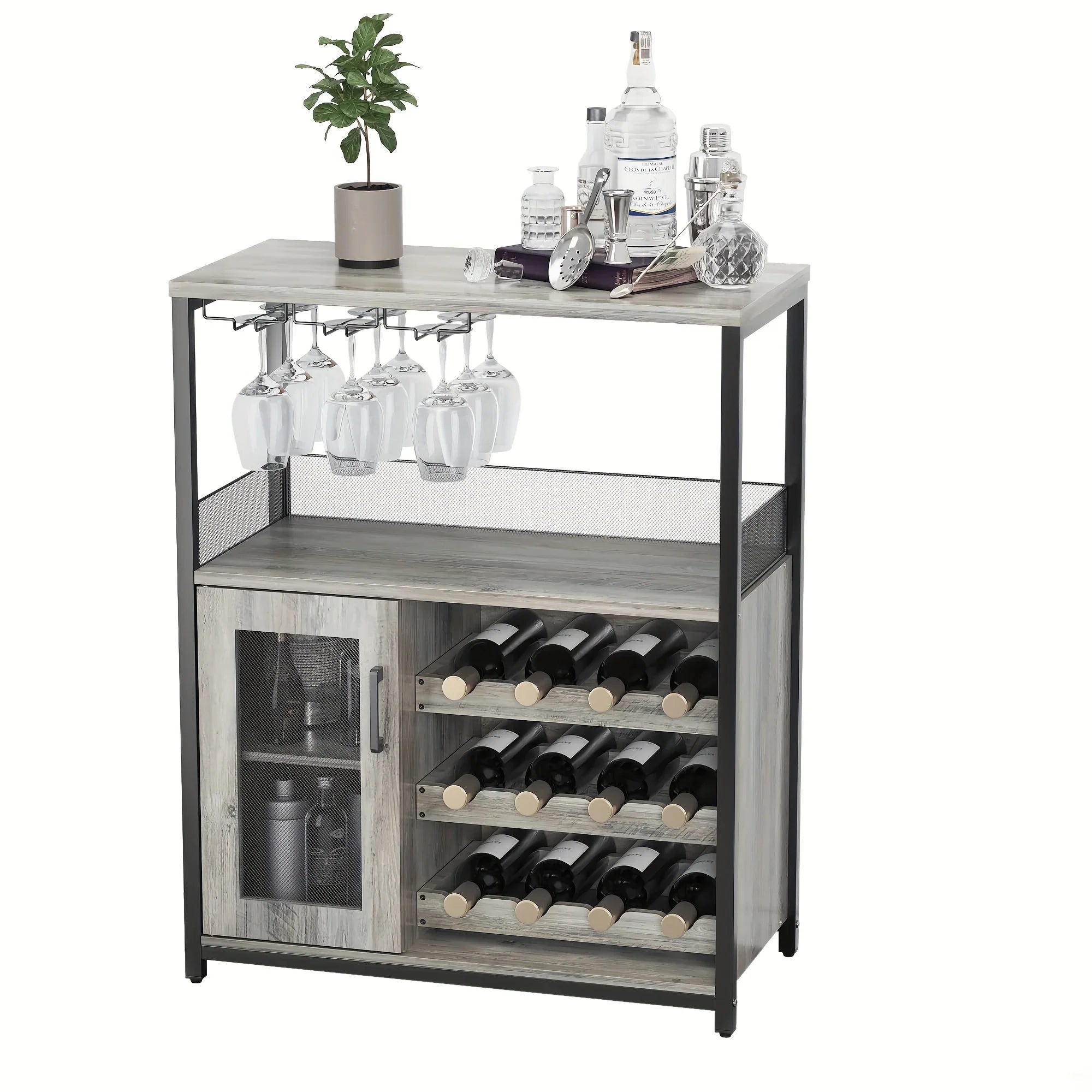 [Industrial Wine Bar Cabinet] 3-Tier Industrial Wine Bar Cabinet with Detachable 12-Bottle Rack | Adjustable Glass Holder, Mesh Door Storage, Metal Sideboard Buffet Cabinet with Shelves, Drawer - Easy Assembly for Home Bar, K House Of Avana