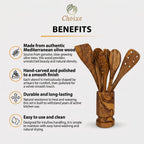 Olive Wood Kitchen Servers Set w/Holder -6 Pcs
