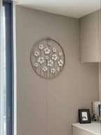 Iron Floral Wall Art with Golden Accents and White Flowers, angled view - House Of Avana