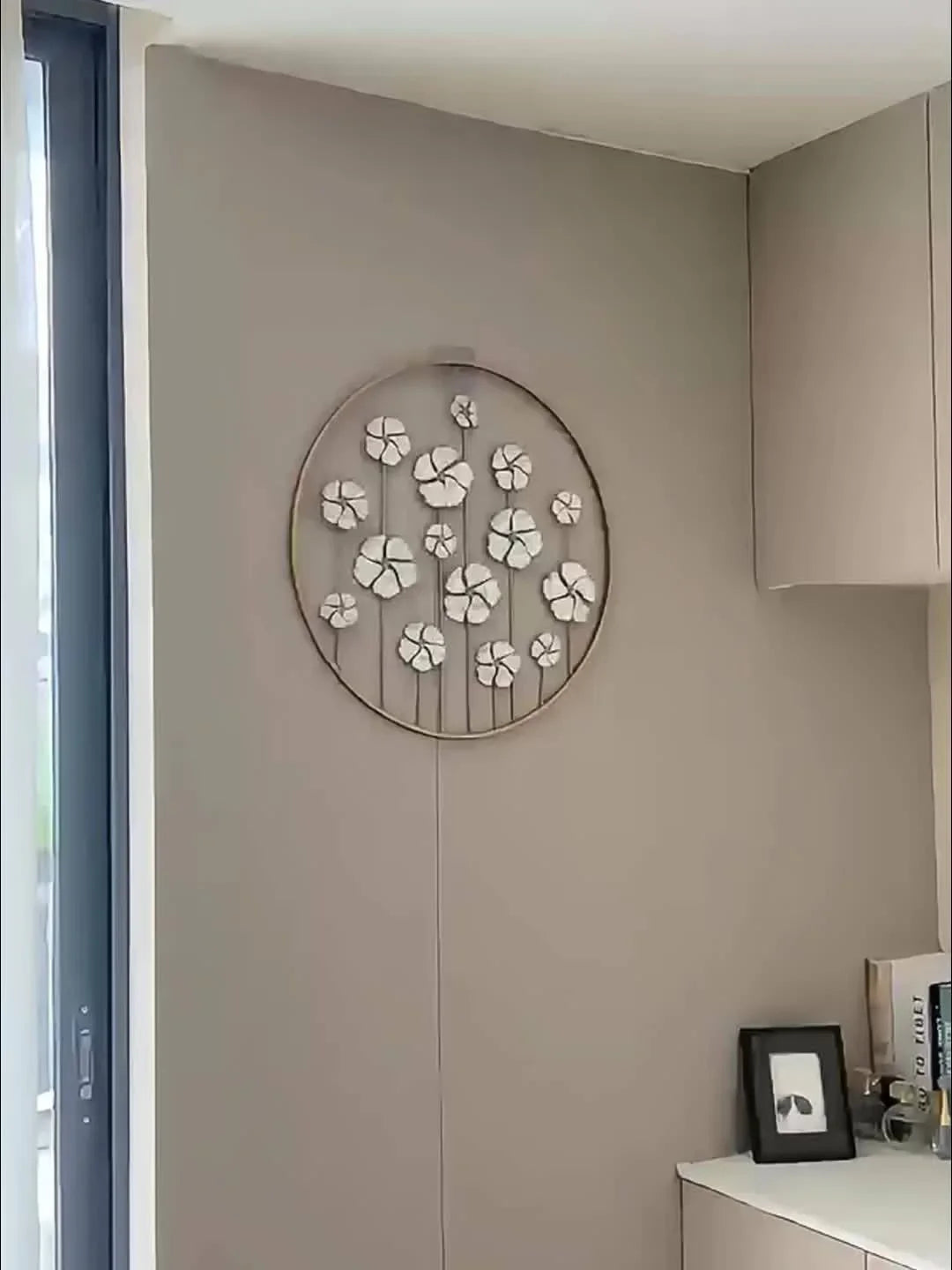 Iron Floral Wall Art with Golden Accents and White Flowers, angled view - House Of Avana