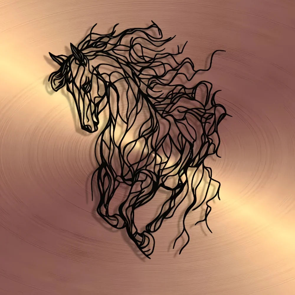 Metal Iron Horse wall decor, elegant line art design in black finish - House of Avana