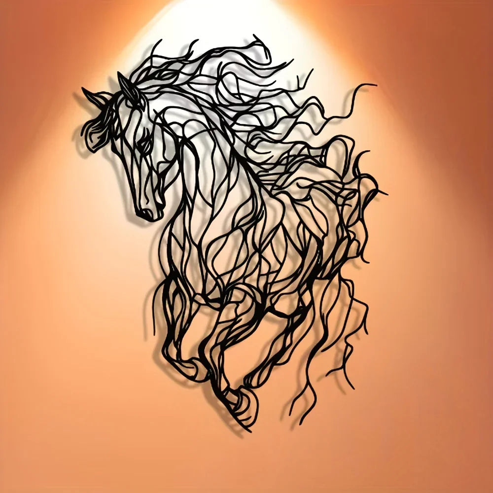 Metal Iron Horse wall decor, elegant line art design in black finish - House of Avana