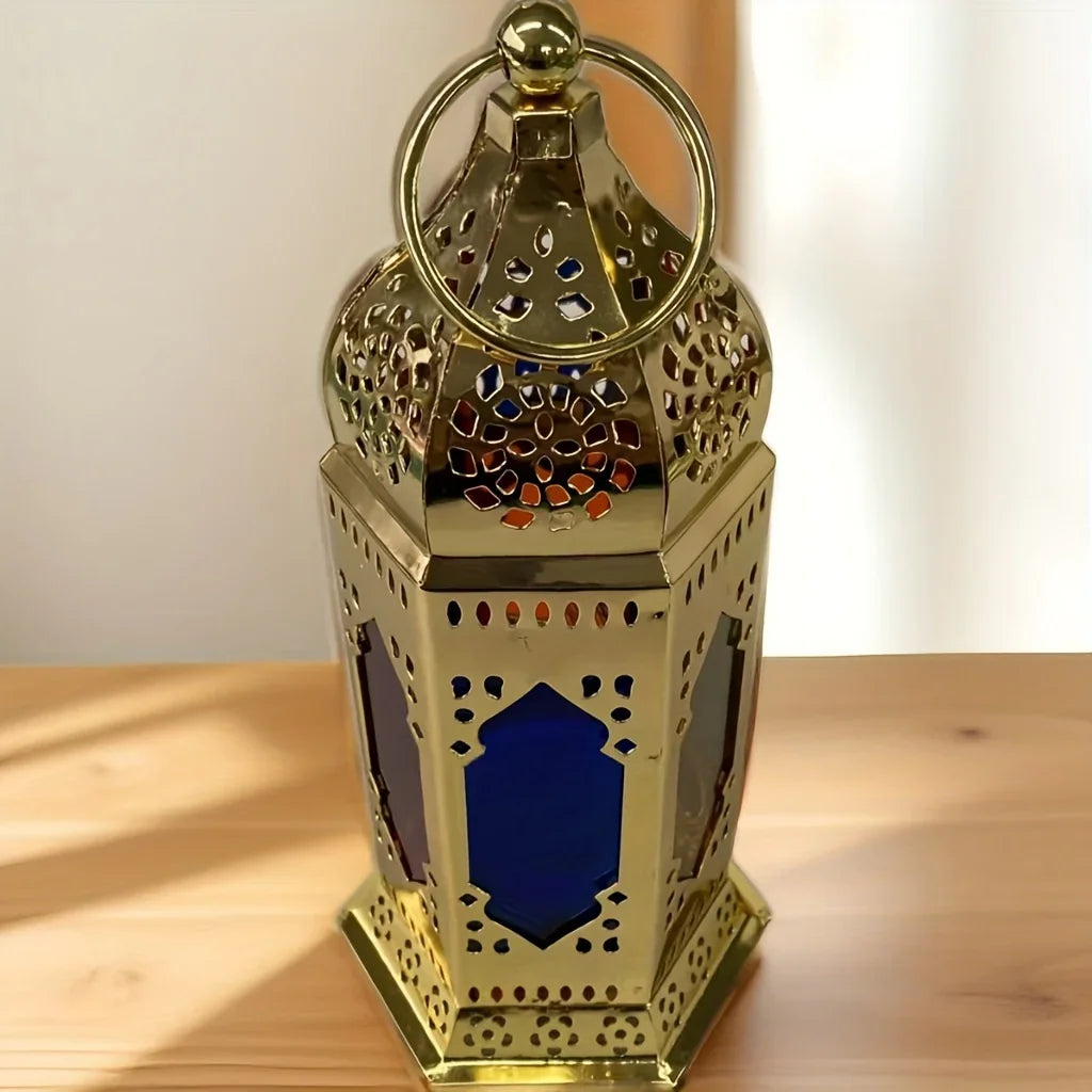 Iron lantern in hexagonal shape, metallic finish, hanging handle - House of Avana