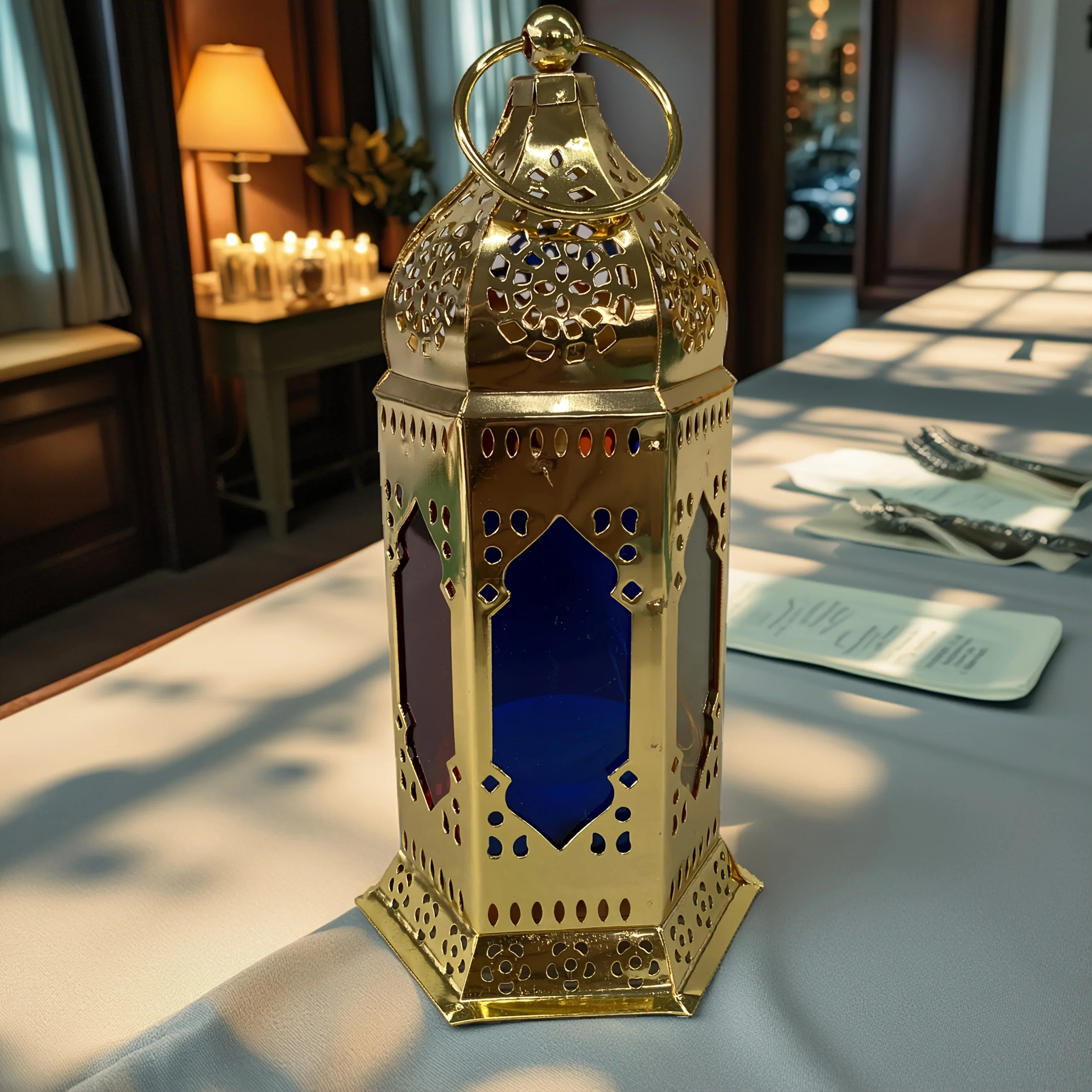 Iron lantern in hexagonal shape, metallic finish, hanging handle - House of Avana