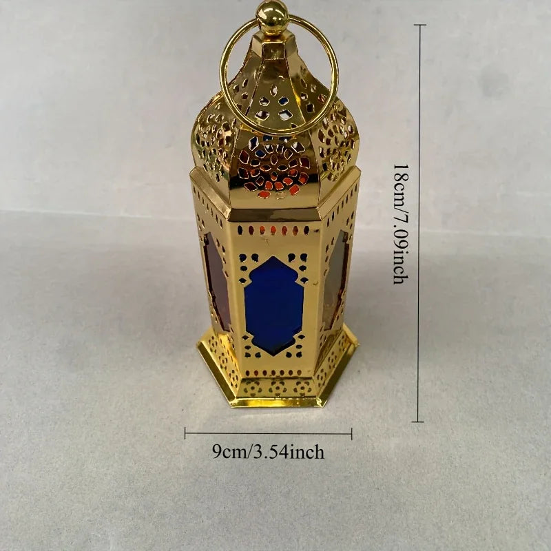 Iron lantern in hexagonal shape, metallic finish, hanging handle - House of Avana