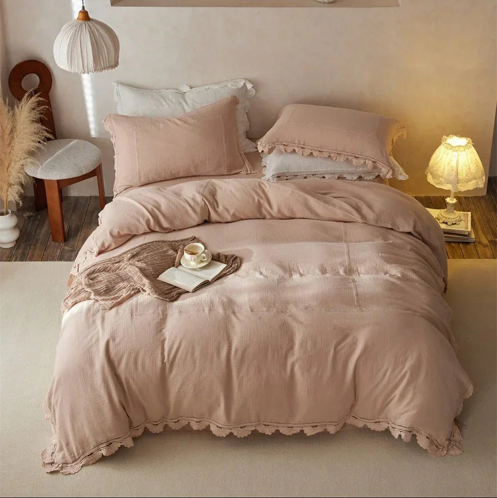 Isadora Lace Ruffle Double Gauze Bedding Set / Brown Ever Lasting