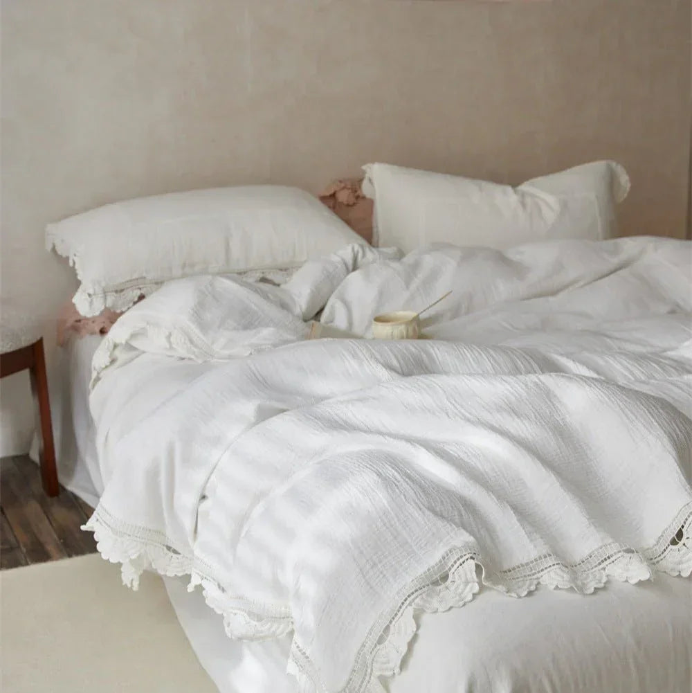 Isadora Lace Ruffle Double Gauze Bedding Set / Brown Ever Lasting