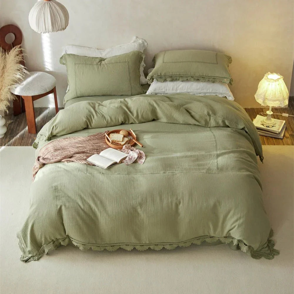 Isadora Lace Ruffle Double Gauze Bedding Set / Brown Ever Lasting