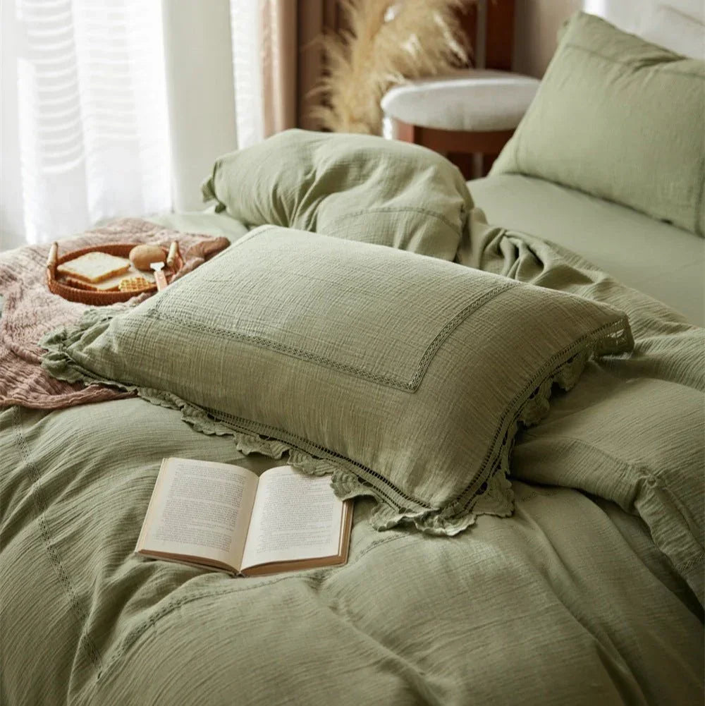Isadora Lace Ruffle Double Gauze Bedding Set / Brown Ever Lasting
