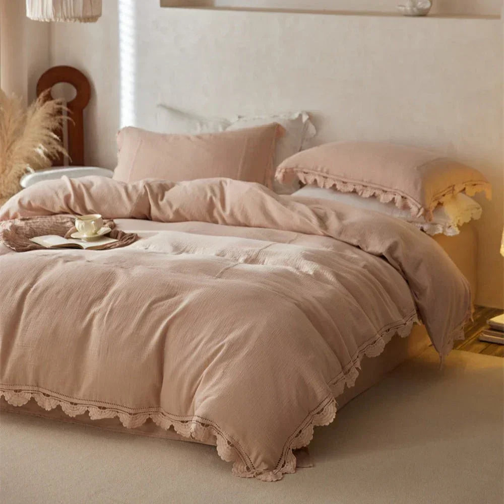 Isadora Lace Ruffle Double Gauze Bedding Set / Brown Ever Lasting