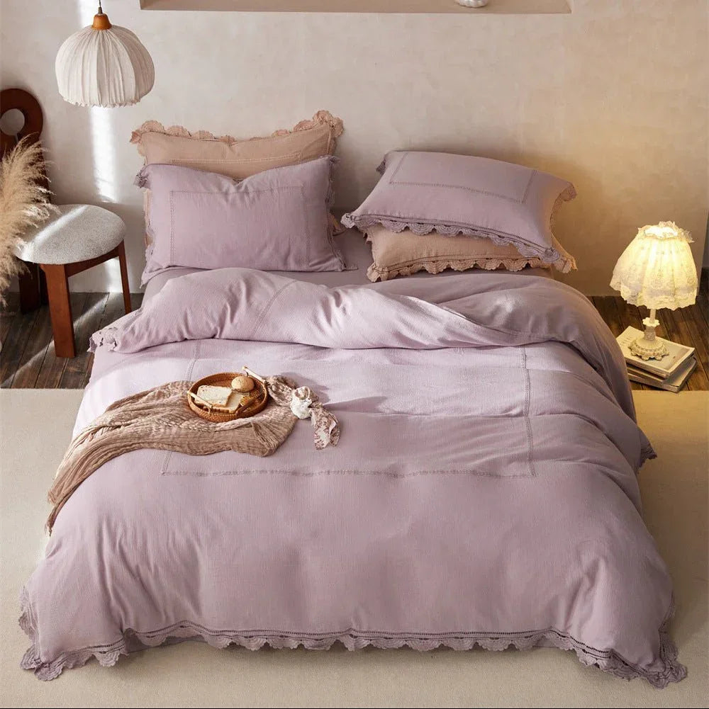 Isadora Lace Ruffle Double Gauze Bedding Set / Brown Ever Lasting