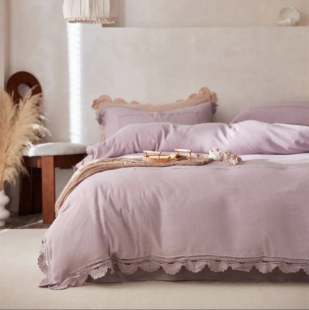 Isadora Lace Ruffle Double Gauze Bedding Set / Brown Ever Lasting