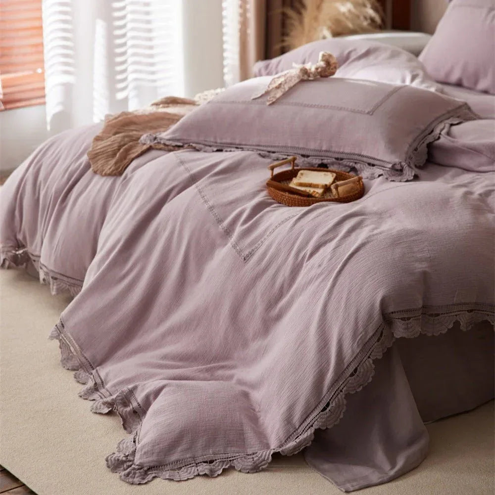 Isadora Lace Ruffle Double Gauze Bedding Set / Brown Ever Lasting