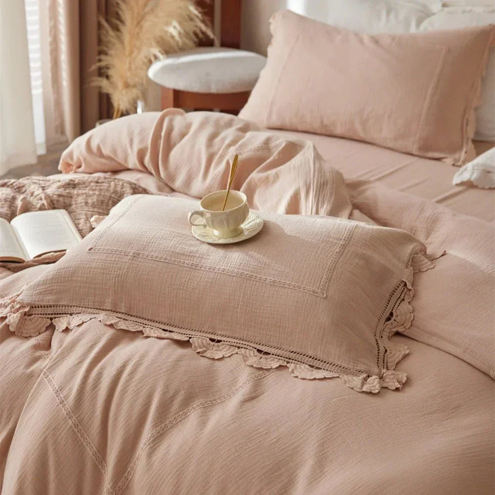 Isadora Lace Ruffle Double Gauze Bedding Set / Brown Ever Lasting