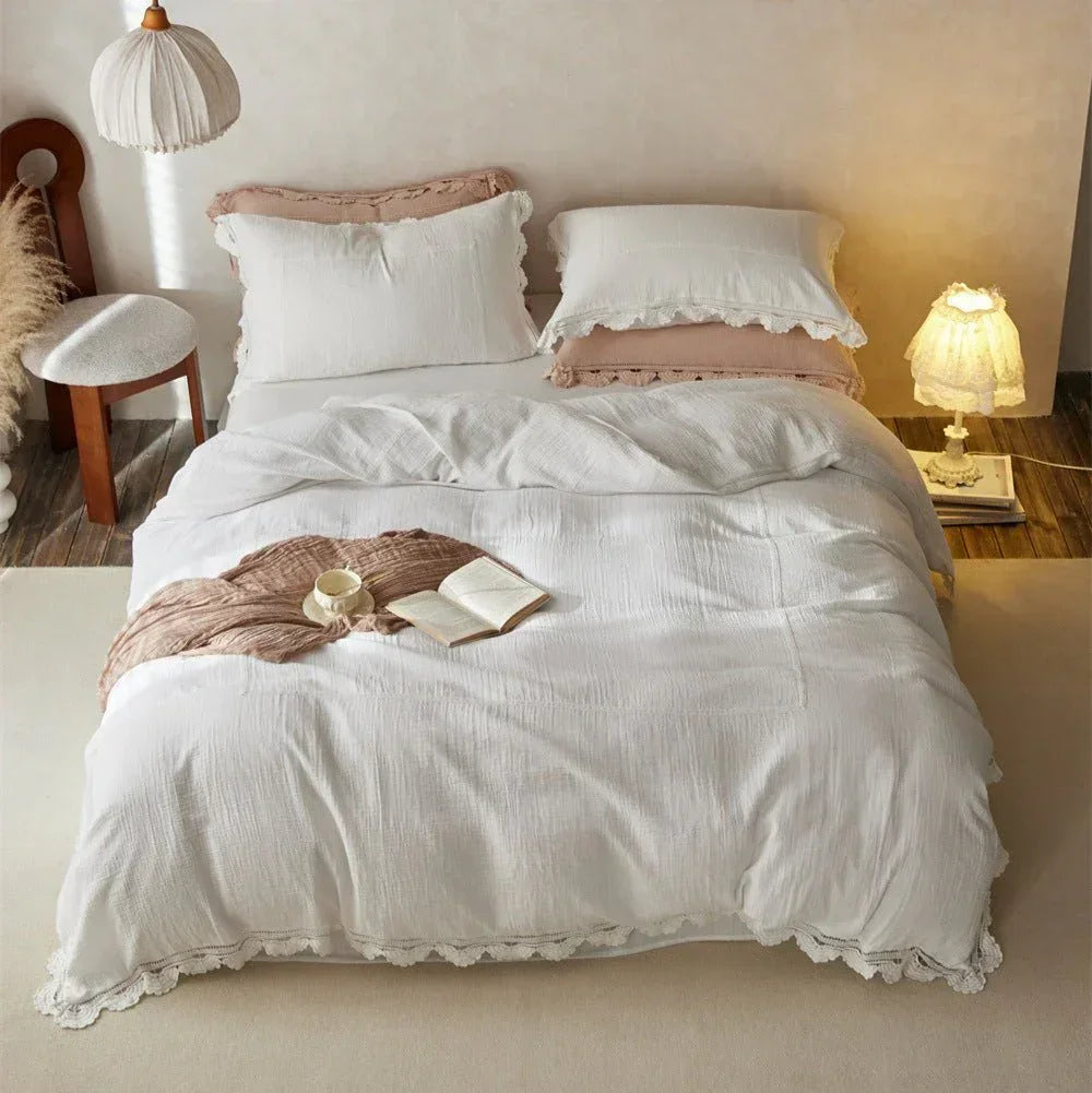 Isadora Lace Ruffle Double Gauze Bedding Set / Brown Ever Lasting