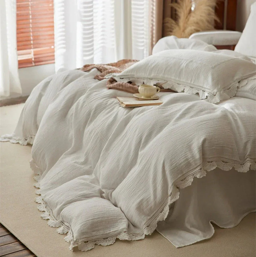 Isadora Lace Ruffle Double Gauze Bedding Set / Brown Ever Lasting