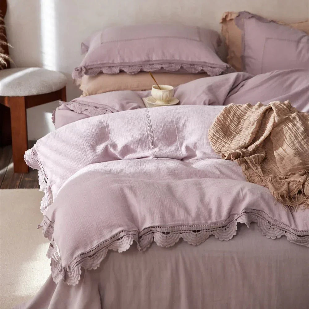 Isadora Lace Ruffle Double Gauze Bedding Set / Green Ever Lasting