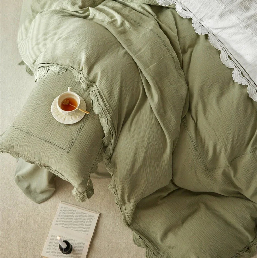 Isadora Lace Ruffle Double Gauze Bedding Set / Green Ever Lasting