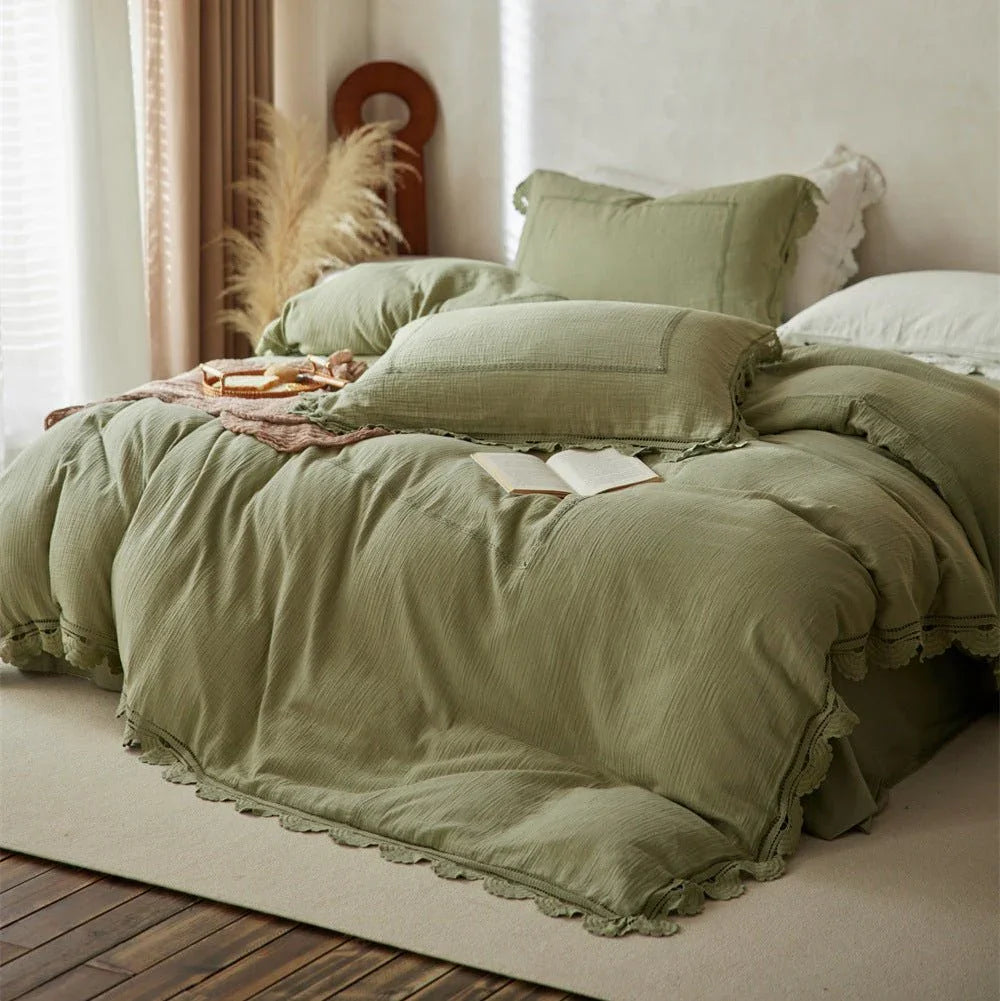 Isadora Lace Ruffle Double Gauze Bedding Set / Green Ever Lasting