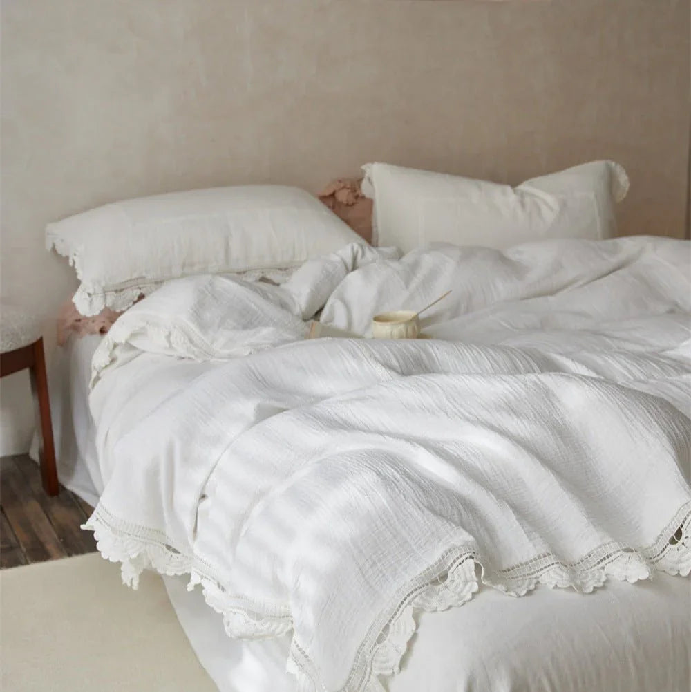 Isadora Lace Ruffle Double Gauze Bedding Set / Green Ever Lasting