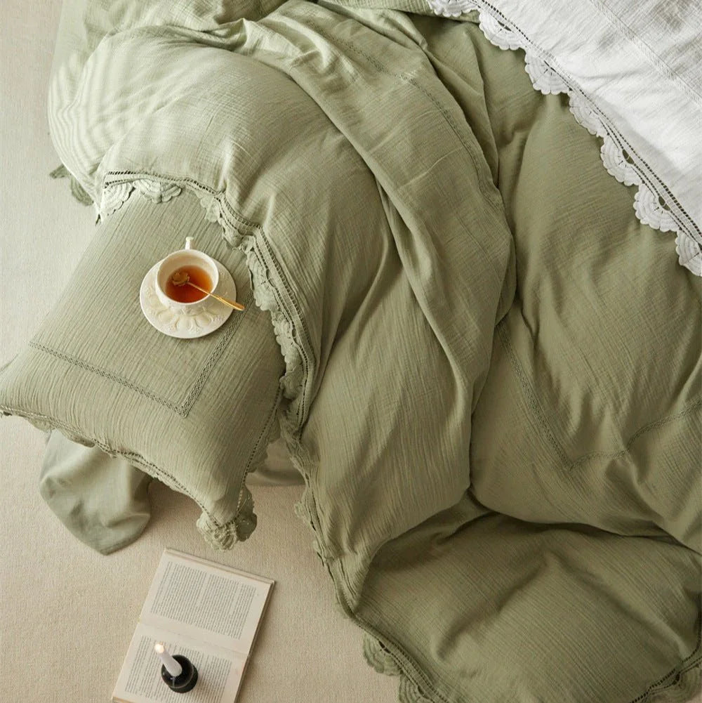 Isadora Lace Ruffle Double Gauze Bedding Set / Green Ever Lasting