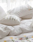 Isla White Floral Embroidered Bedding Set / Sunflower Ever Lasting