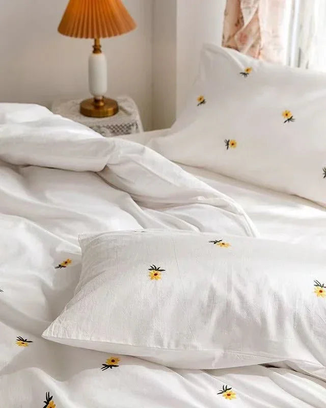 Isla White Floral Embroidered Bedding Set / Sunflower Ever Lasting