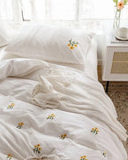Isla White Floral Embroidered Bedding Set / Sunflower Ever Lasting